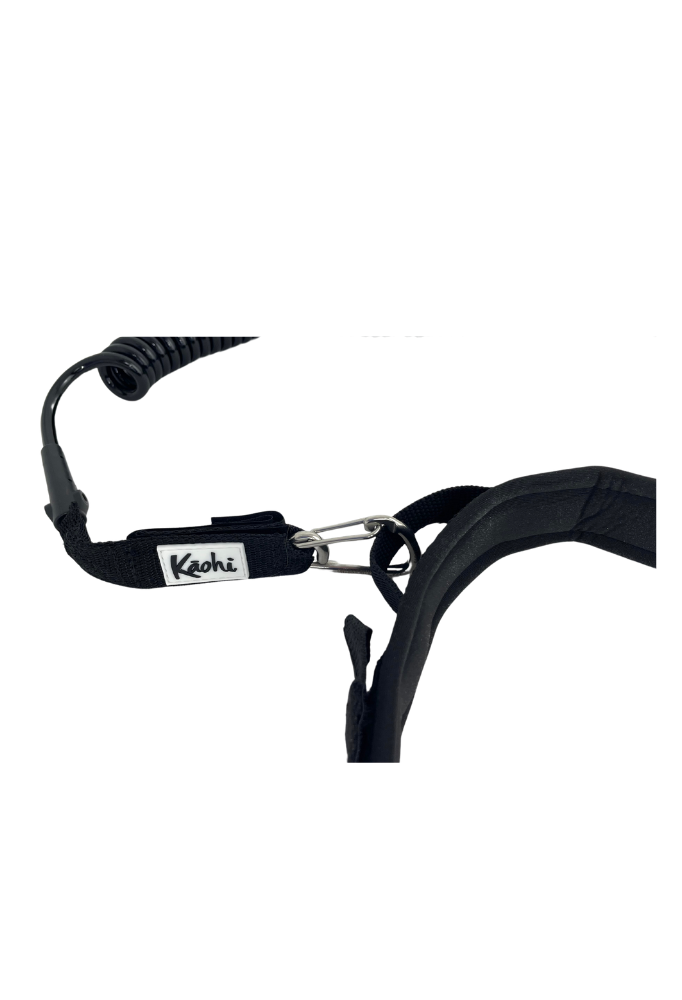 Kaohi padded black belt combo double coil leash continuous carabiner downwind wing foil hydrofoil down wind prone SUP stand up paddle safety grip handle rail saver