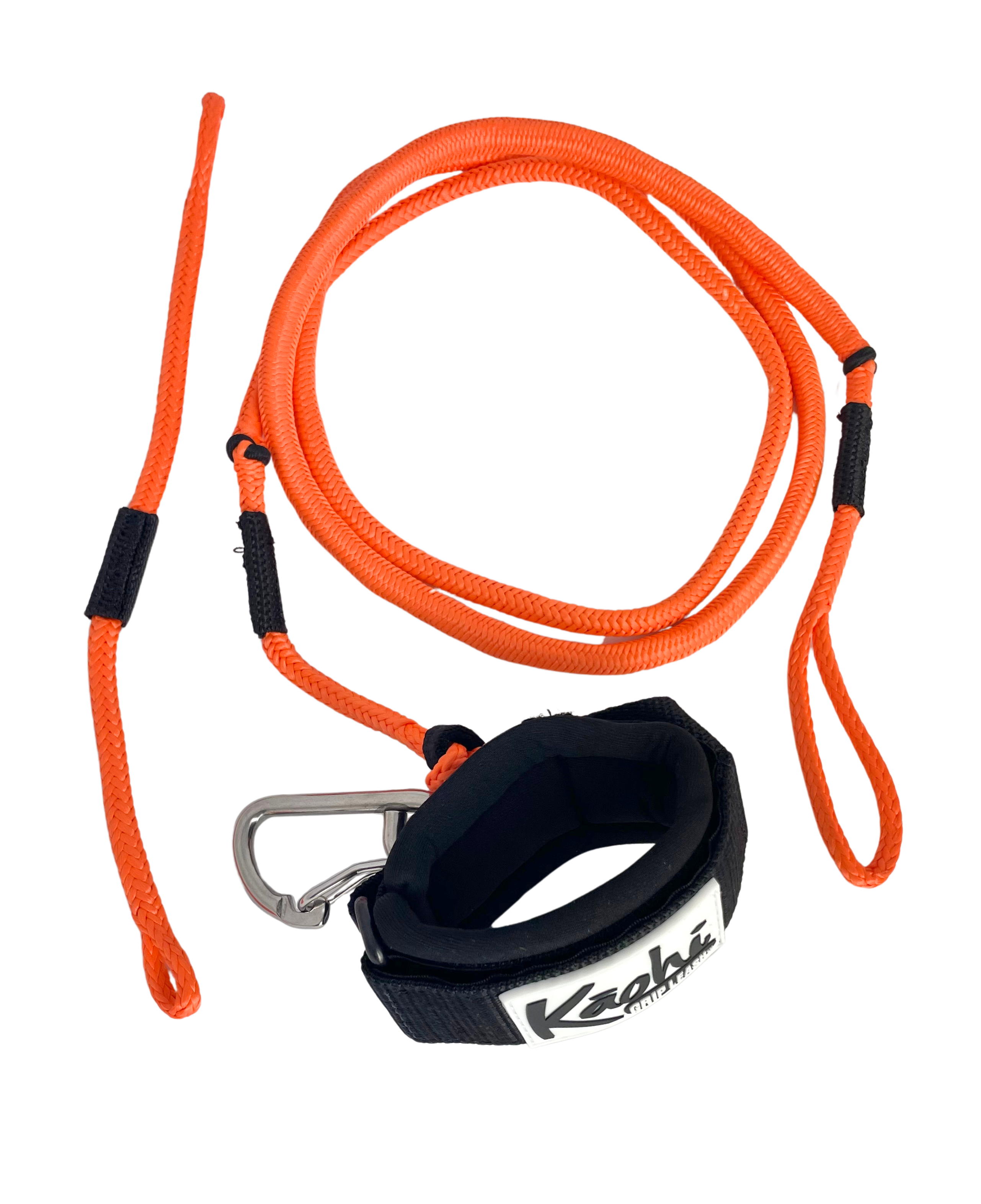 orange bungee style wing leash with Kāohi wrist cuff with carabiner for wing foiling sup wing wingfoil wingfoiling leash  pronefoil  downwind SUP  foilboard foilboarding hydrofoil