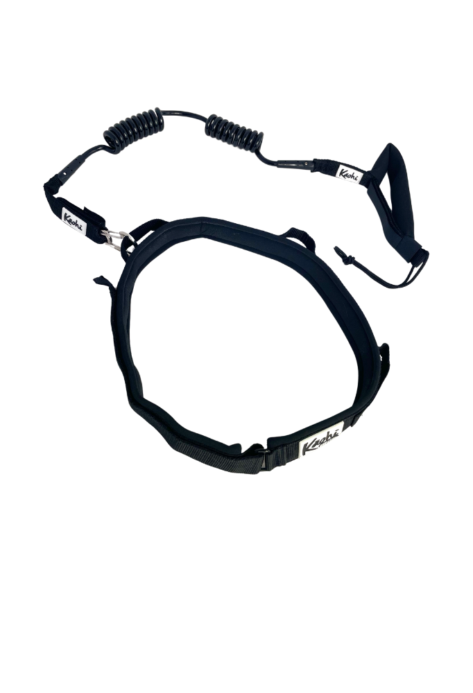 Kaohi padded black belt combo double coil leash continuous carabiner downwind wing foil hydrofoil down wind prone SUP stand up paddle safety grip handle rail saver