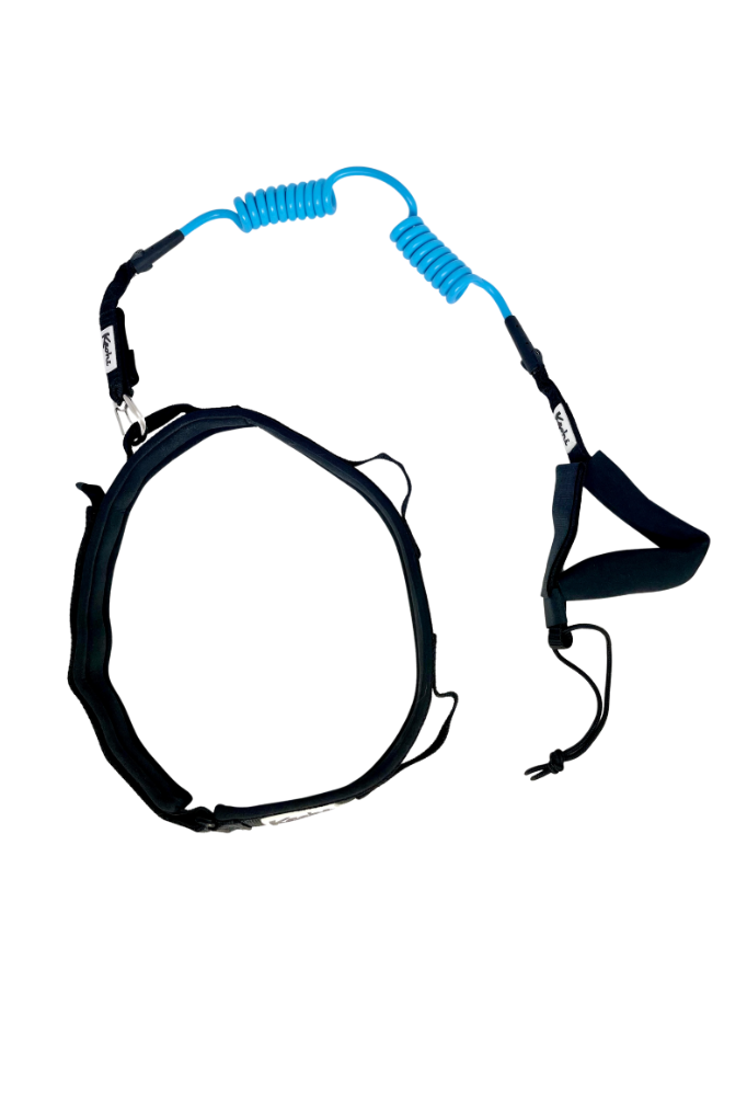 Kaohi padded black belt combo double coil leash continuous carabiner downwind wing foil hydrofoil down wind prone SUP stand up paddle safety grip handle rail saver