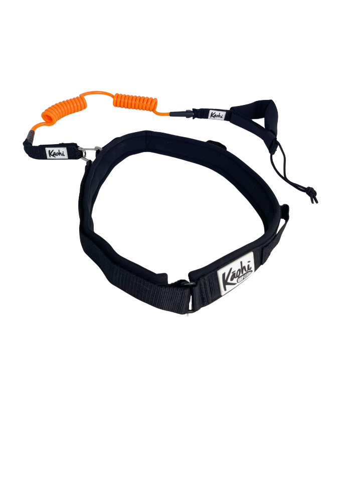 Kaohi padded black belt combo double coil leash continuous carabiner downwind wing foil hydrofoil down wind prone SUP stand up paddle safety grip handle rail saver