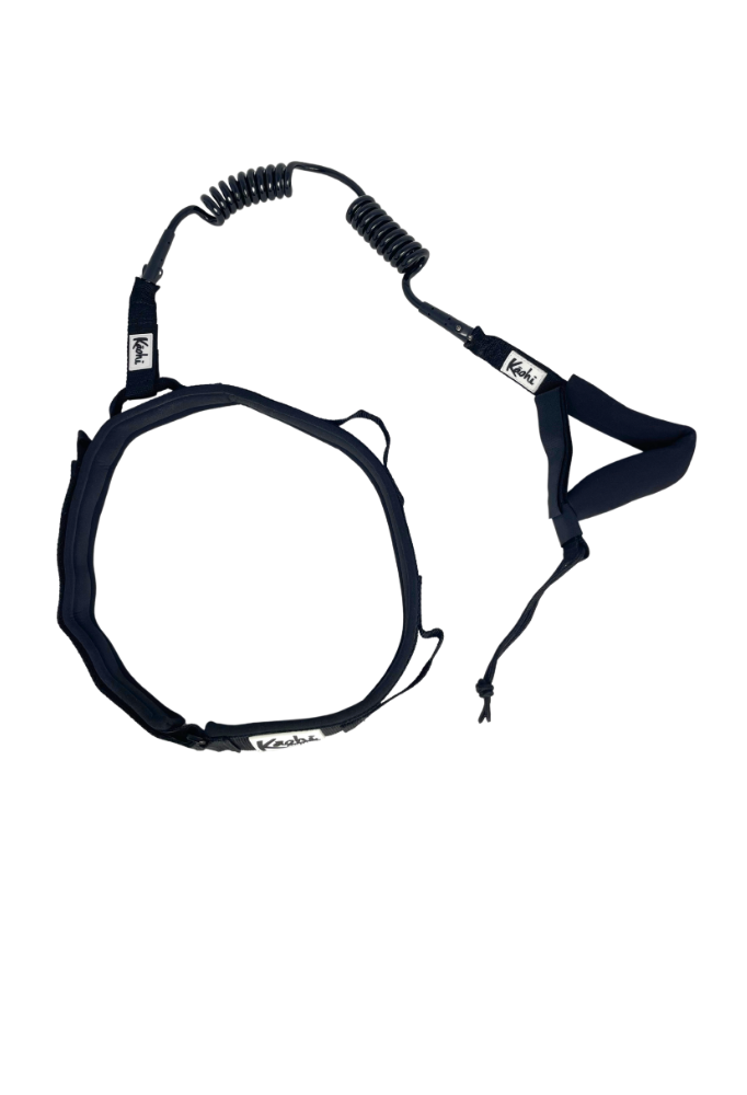 Kaohi padded black belt combo double coil leash continuous carabiner downwind wing foil hydrofoil down wind prone SUP stand up paddle safety grip handle rail saver harness anchorman padded belt