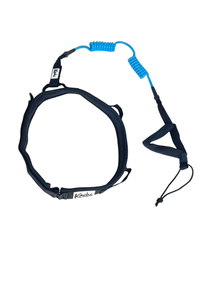 Kaohi padded black belt combo double coil leash continuous carabiner downwind wing foil hydrofoil down wind prone SUP stand up paddle safety grip handle rail saver