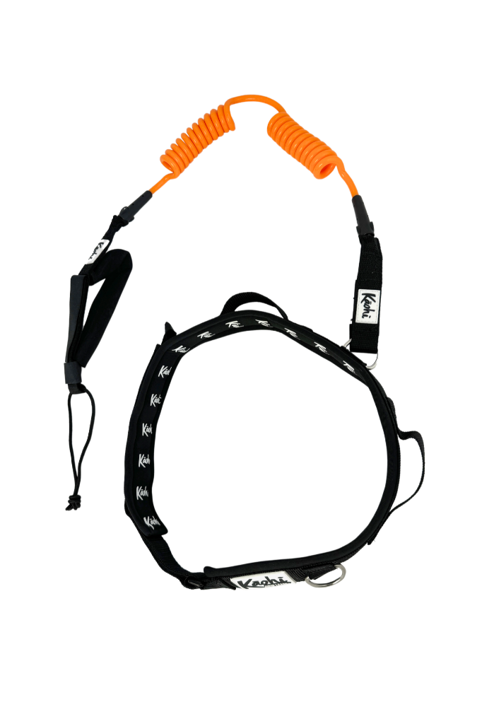 Kaohi padded black belt combo double coil leash continuous carabiner downwind wing foil hydrofoil down wind prone SUP stand up paddle safety grip handle rail saver high visibility