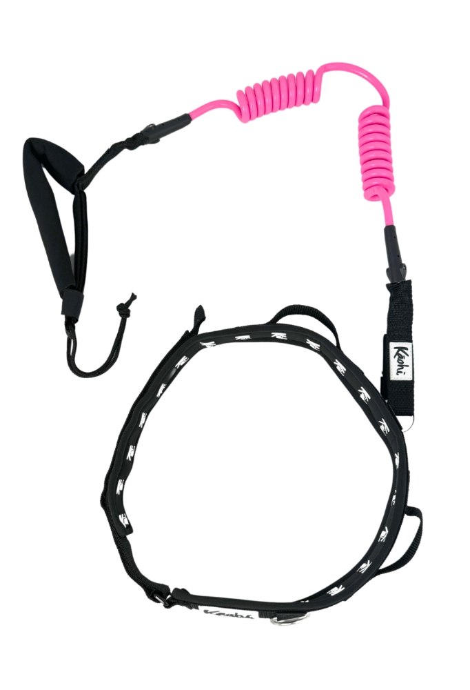 Kaohi padded black belt combo double coil leash continuous carabiner downwind wing foil hydrofoil down wind prone SUP stand up paddle safety grip handle rail saver high visibility