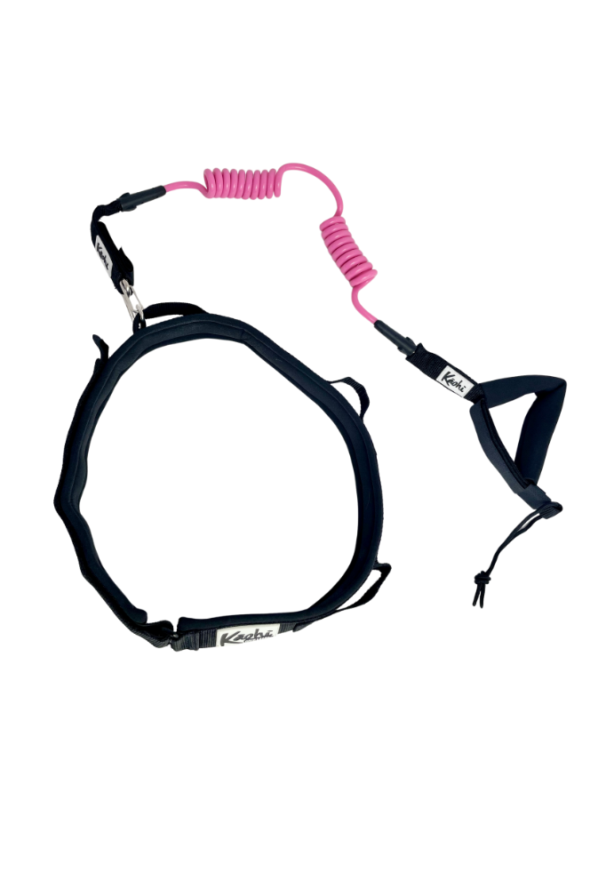 Kaohi padded black belt combo double coil leash continuous carabiner downwind wing foil hydrofoil down wind prone SUP stand up paddle safety grip handle rail saver