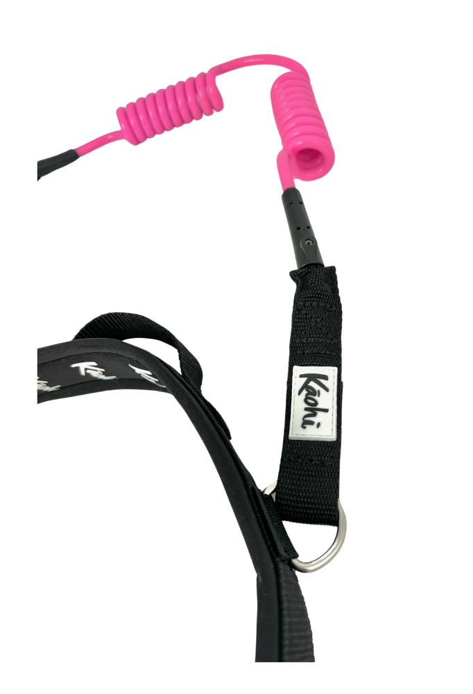 Kaohi padded black belt combo double coil leash continuous carabiner downwind wing foil hydrofoil down wind prone SUP stand up paddle safety grip handle rail saver high visibility