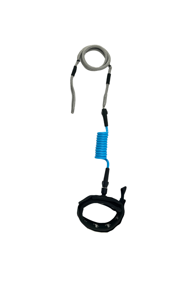 INVIZ leash downwind down wind calf cuff foil hydrofoil stand up paddle sup surf surfing wingfoil wing prone maui hood river dyneema bungee polyurethane waist belt harness black belt Kaohi