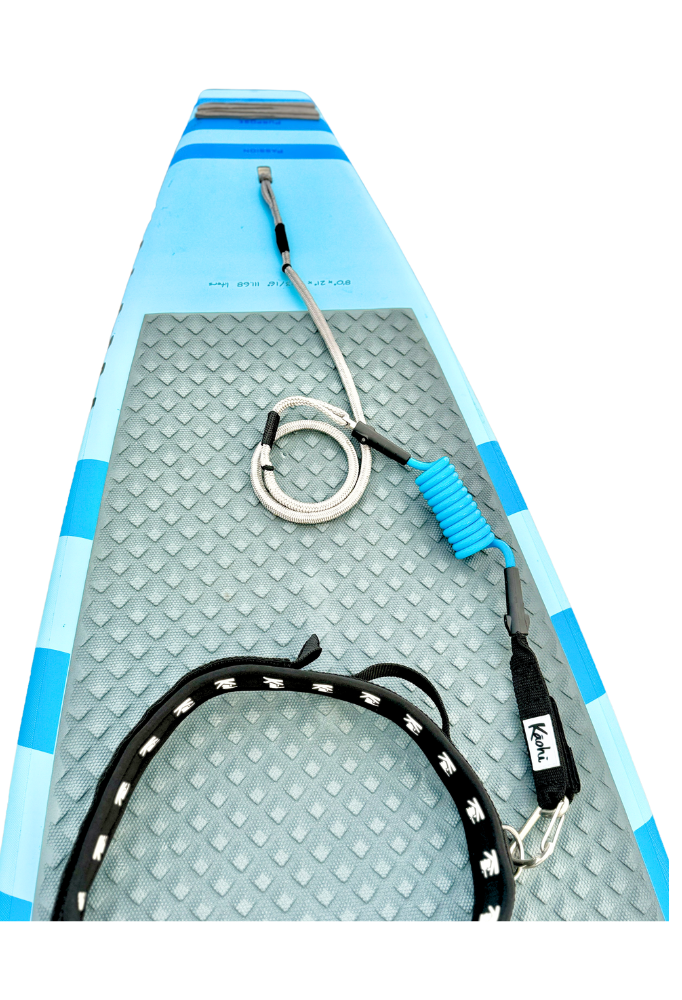 INVIZ leash downwind down wind calf cuff foil hydrofoil stand up paddle sup surf surfing wingfoil wing prone maui hood river dyneema bungee polyurethane