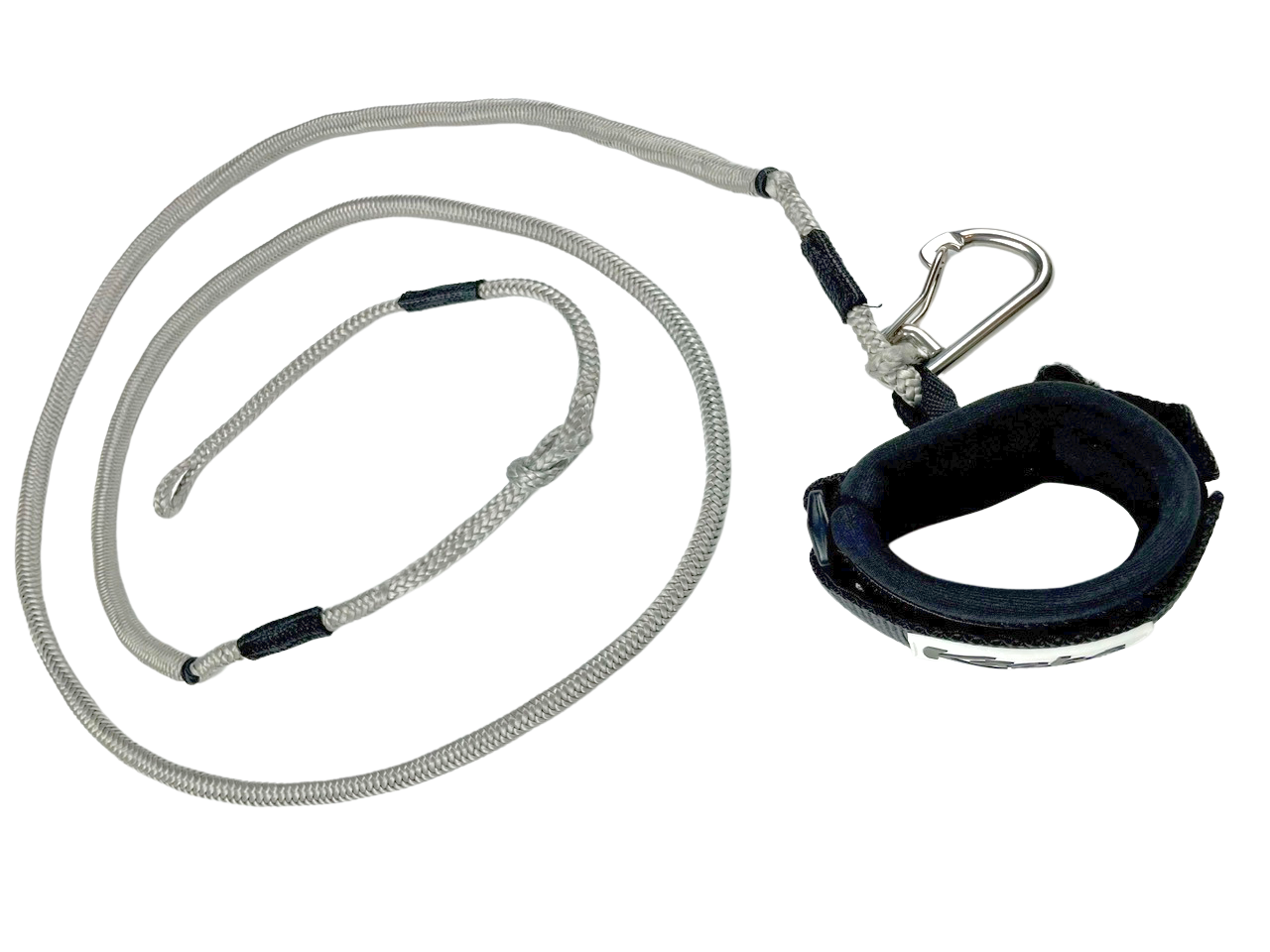 gray bungee style wing leash with Kāohi wrist cuff with carabiner for wing foiling sup wing wingfoil wingfoiling leash pronefoil downwind SUP foilboard foilboarding hydrofoil