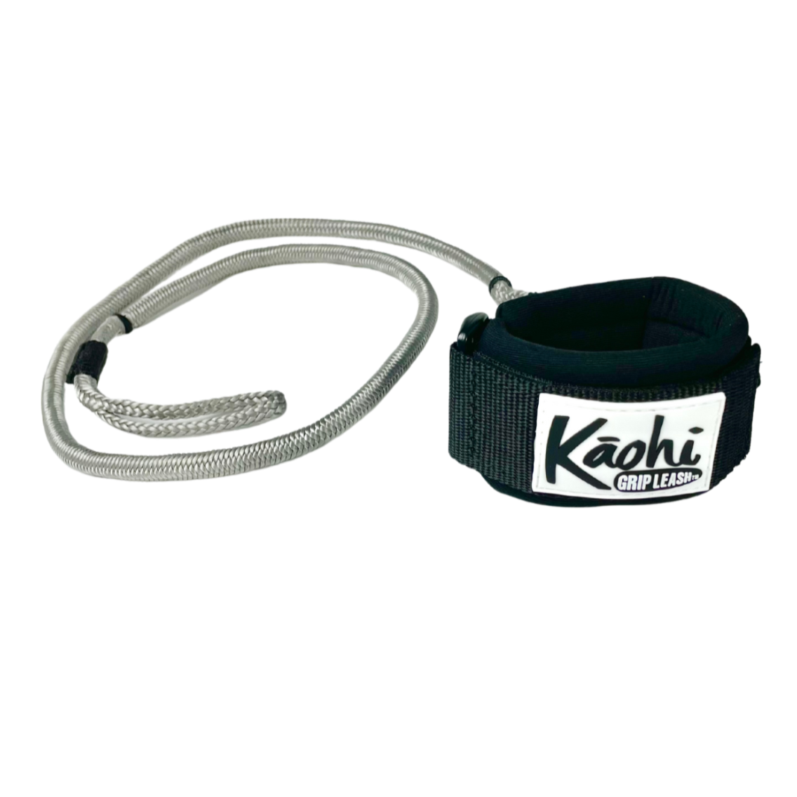 gray bungee style wing leash with Kāohi wrist cuff for wing foiling sup wing wingfoil wingfoiling leash carabiner pronefoil downwind SUP foilboard foilboarding hydrofoil