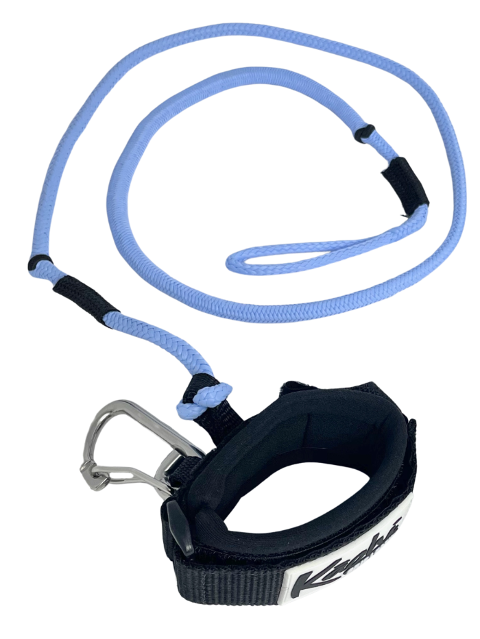 blue bungee style wing leash with Kāohi wrist cuff with carabiner for wing foiling sup wing wingfoil wingfoiling leash  carabiner pronefoil  downwind SUP  foilboard foilboarding hydrofoil