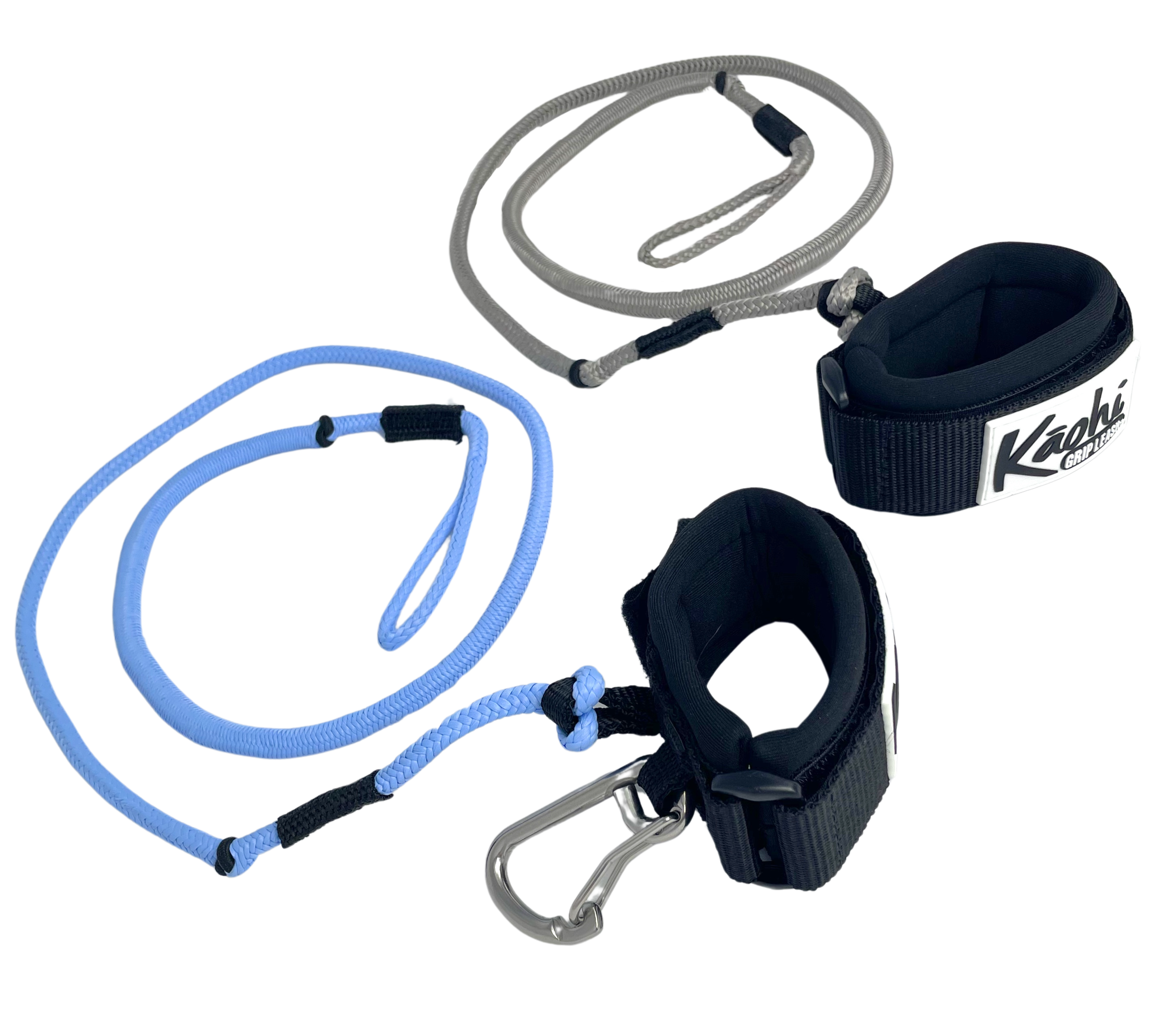 Kāohi bungee style wing leash with wwrist cuff, blue with carabiner; gray no carabiner for wing foiling, SUP wing foil 