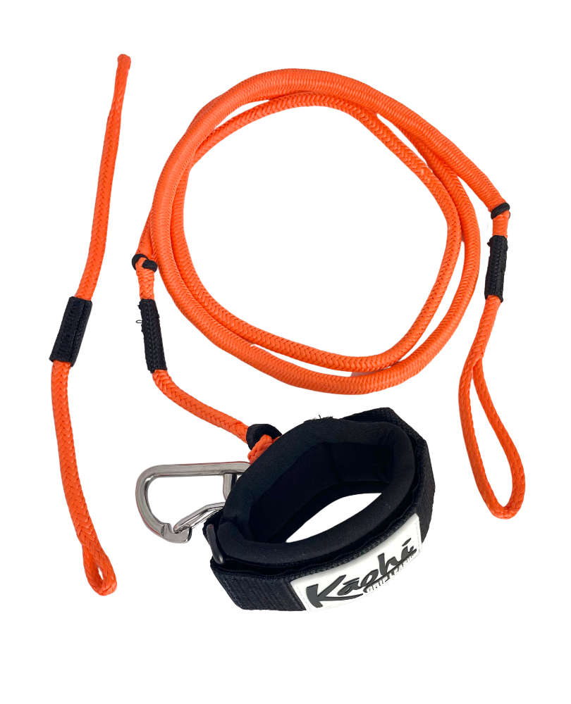 orange bungee style wing leash with Kāohi wrist cuff with carabiner for wing foiling sup wing wingfoil wingfoiling leash  pronefoil  downwind SUP  foilboard foilboarding hydrofoil