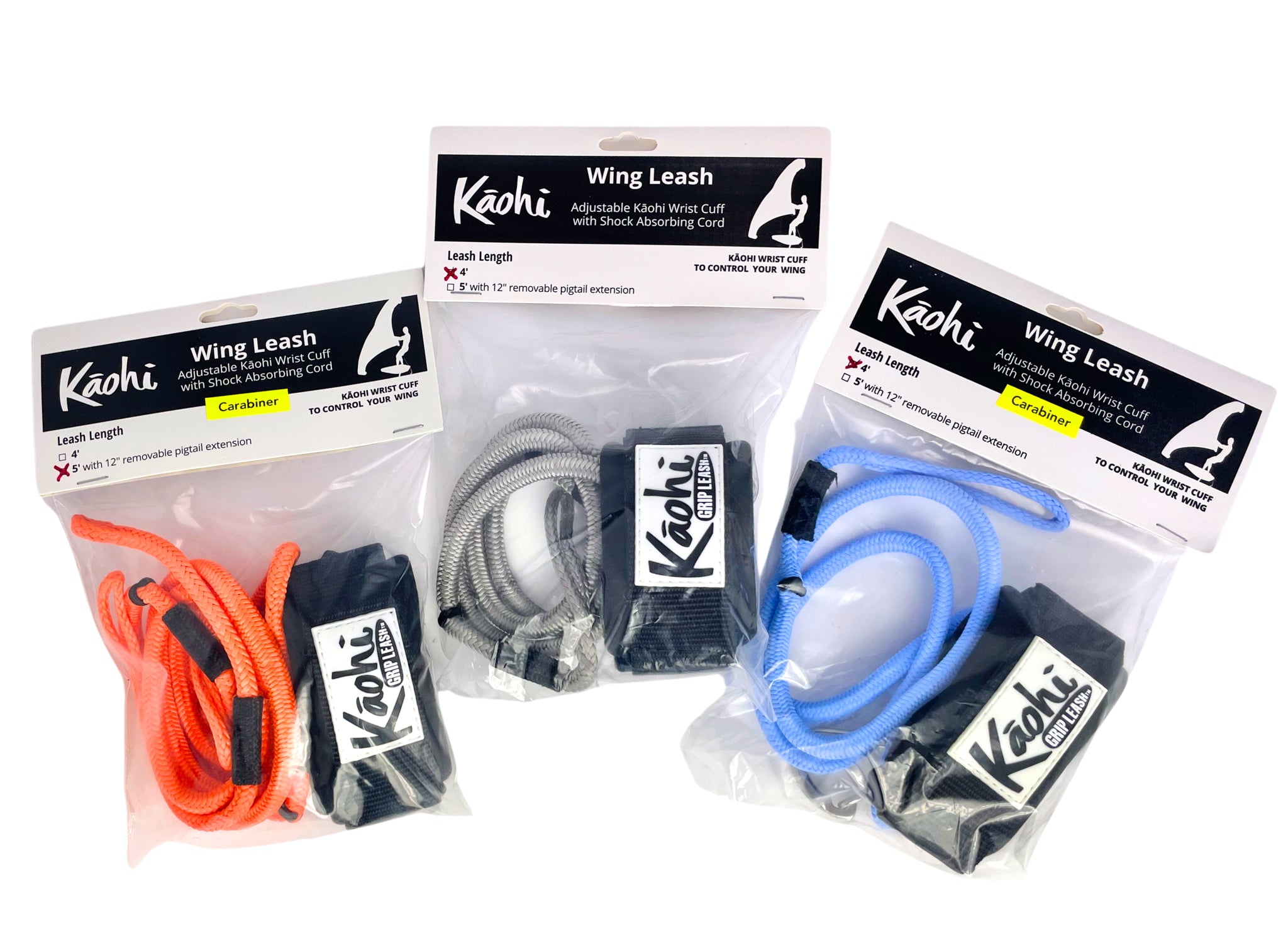 Kāohi Wing Leash with wrist cuff, carabiner, bungee-style leash, retail package orange, gray, blue for wing foiling, hydrofoiling , foil surf wing foil 