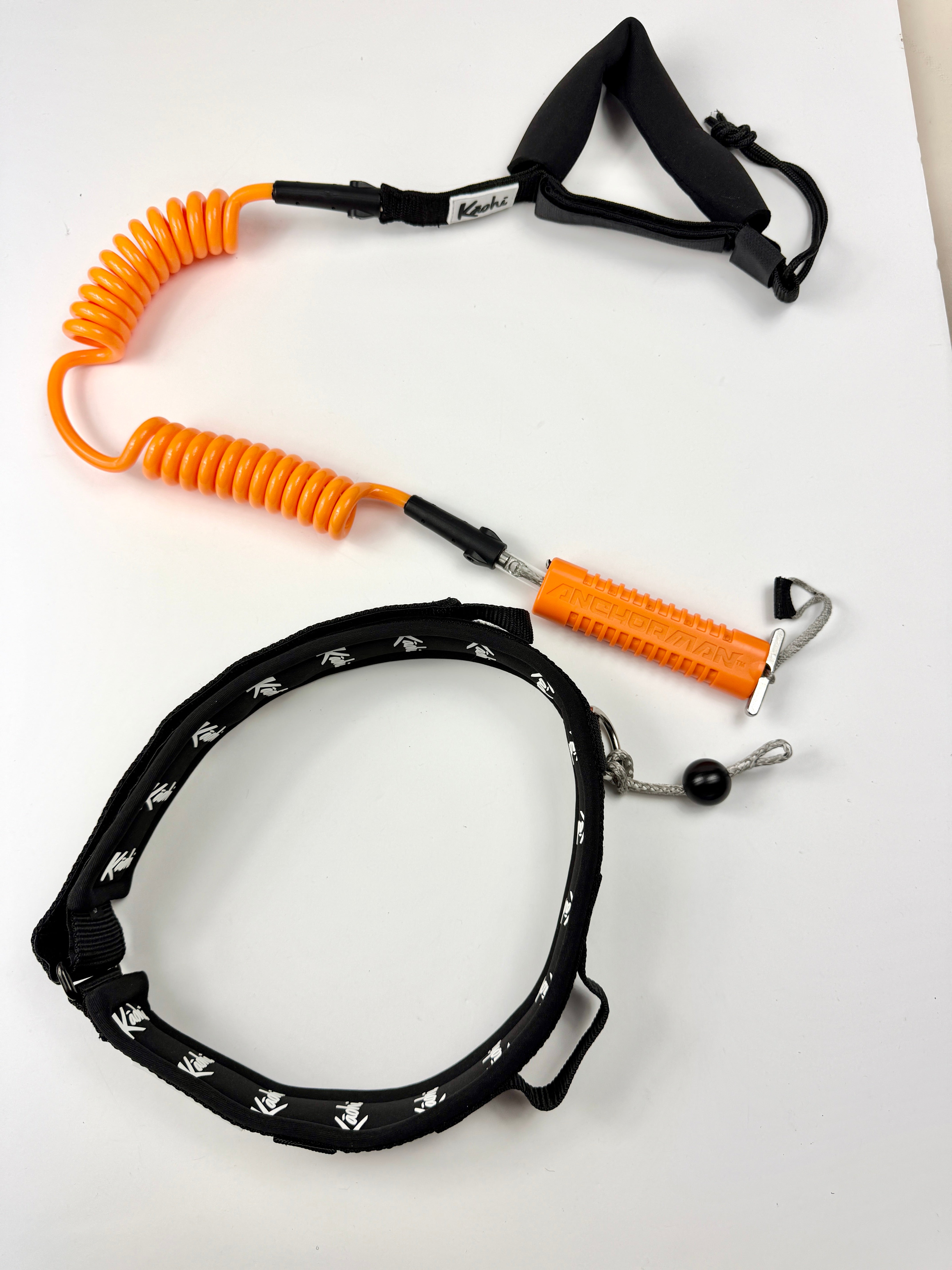 kaohi quick release leash combo for surf foil winging wing prone sup downwind downwinding down wind foiling surfing big waves safety leashes ocean foil assist foil drive efoil e foil  surfing waist belt harness connection INVIZ coil cover double coil continuous coil straight 