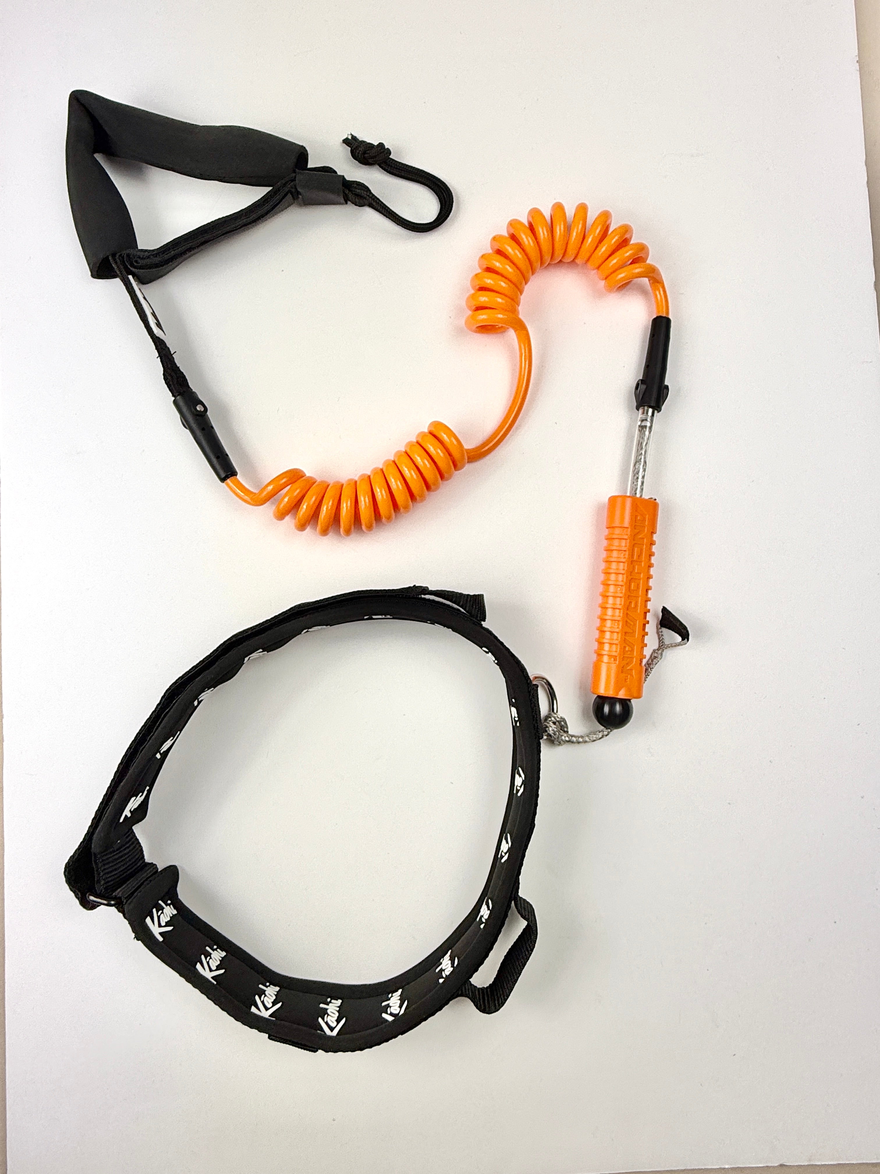 kaohi quick release leash combo for surf foil winging wing prone sup downwind downwinding down wind foiling surfing big waves safety leashes ocean foil assist foil drive efoil e foil  surfing waist belt harness connection INVIZ coil cover double coil continuous coil straight 