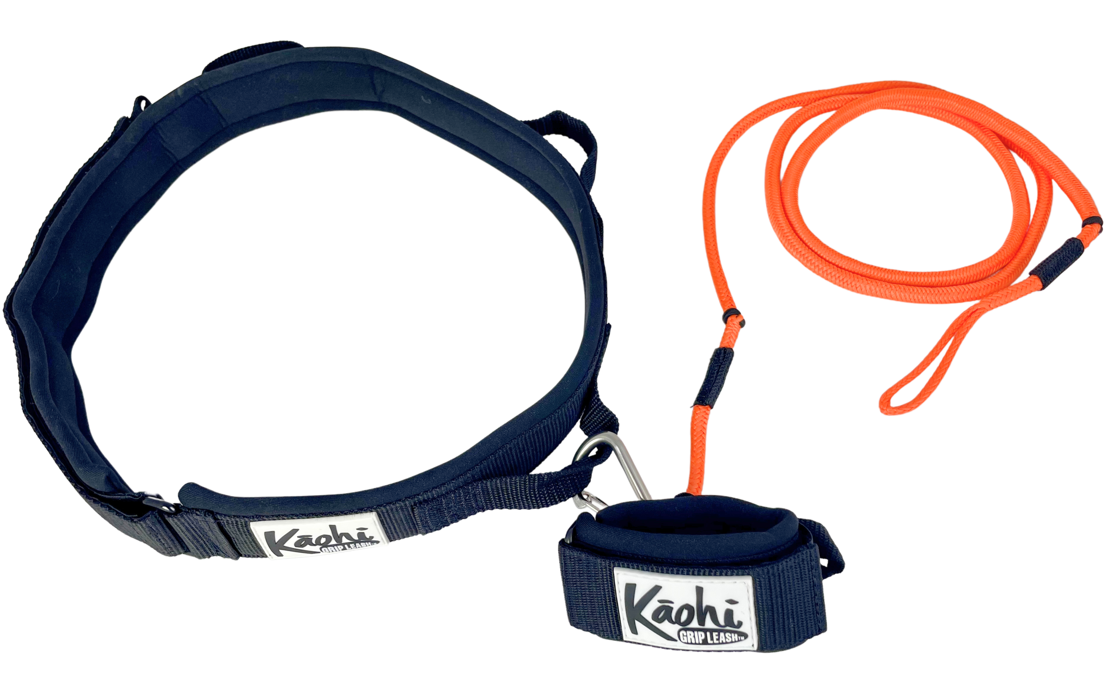 orange wing leash with Kāohi wrist cuff and Carabiner attached to Kāohi waist belt for Wing Foiling