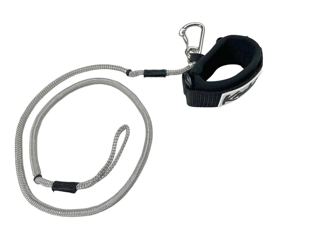 gray bungee style wing leash with Kāohi wrist cuff with carabiner for wing foiling sup wing wingfoil wingfoiling leash  carabiner pronefoil  downwind SUP  foilboard foilboarding hydrofoil